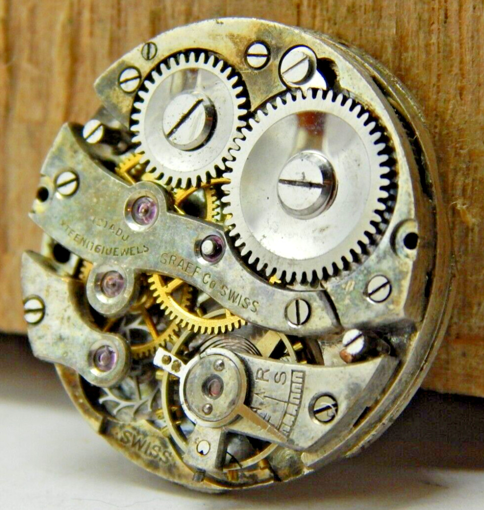 Vintage Graef watch co 16 jewel 2 adjustment 8/0s nickel watch movement w/ dial