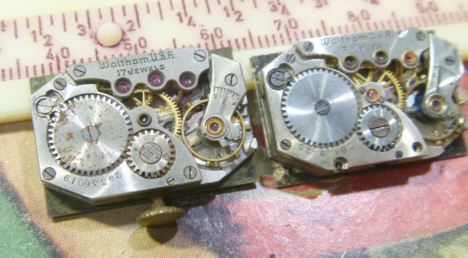 GROUP LOT- TWO Late 1920s Waltham 17J Cut Corner Rectangle Nicer Mvts, Dials !!