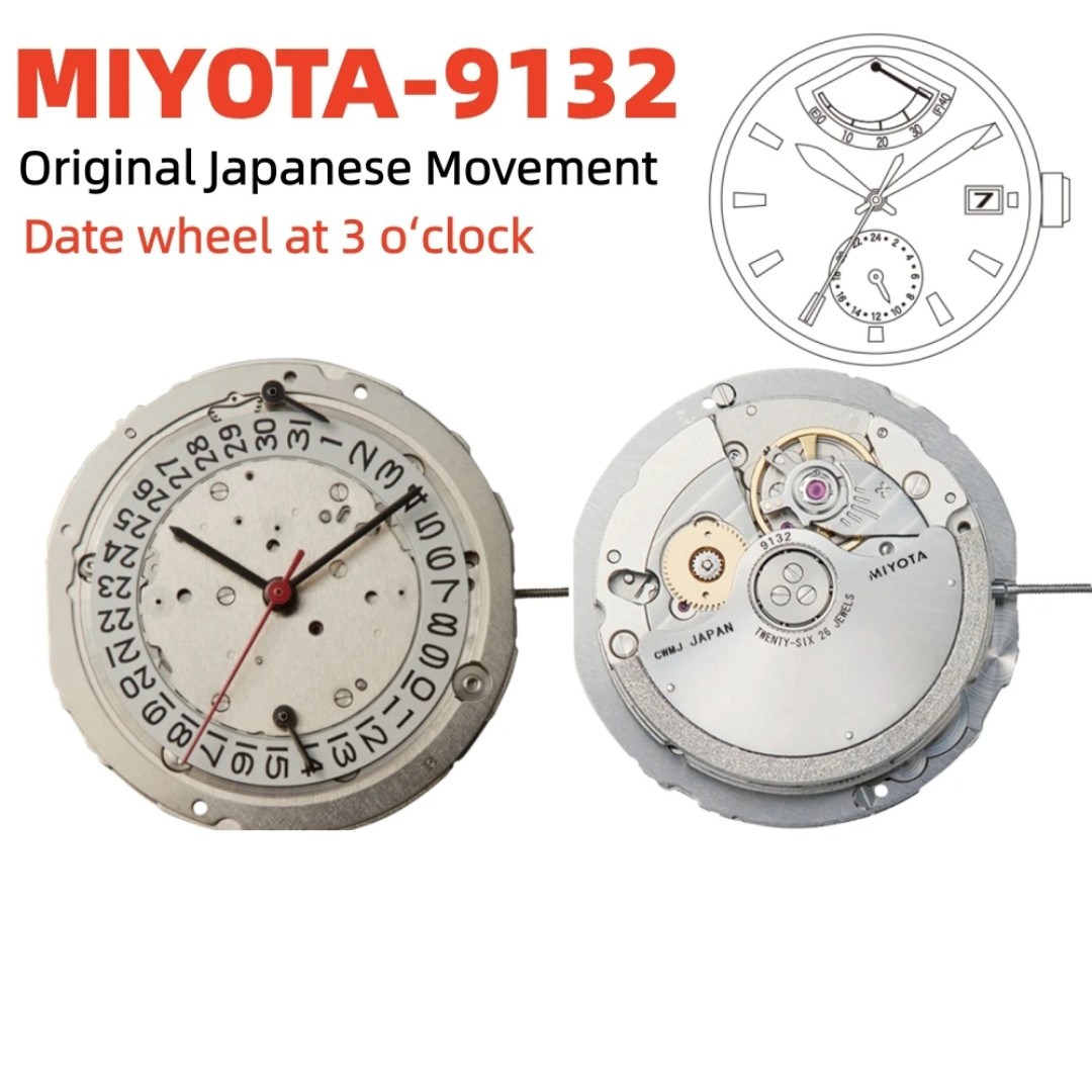 Miyota 9132 Mechanical Movement 26 Jewels High Beat Date at 3 o clock Caliber