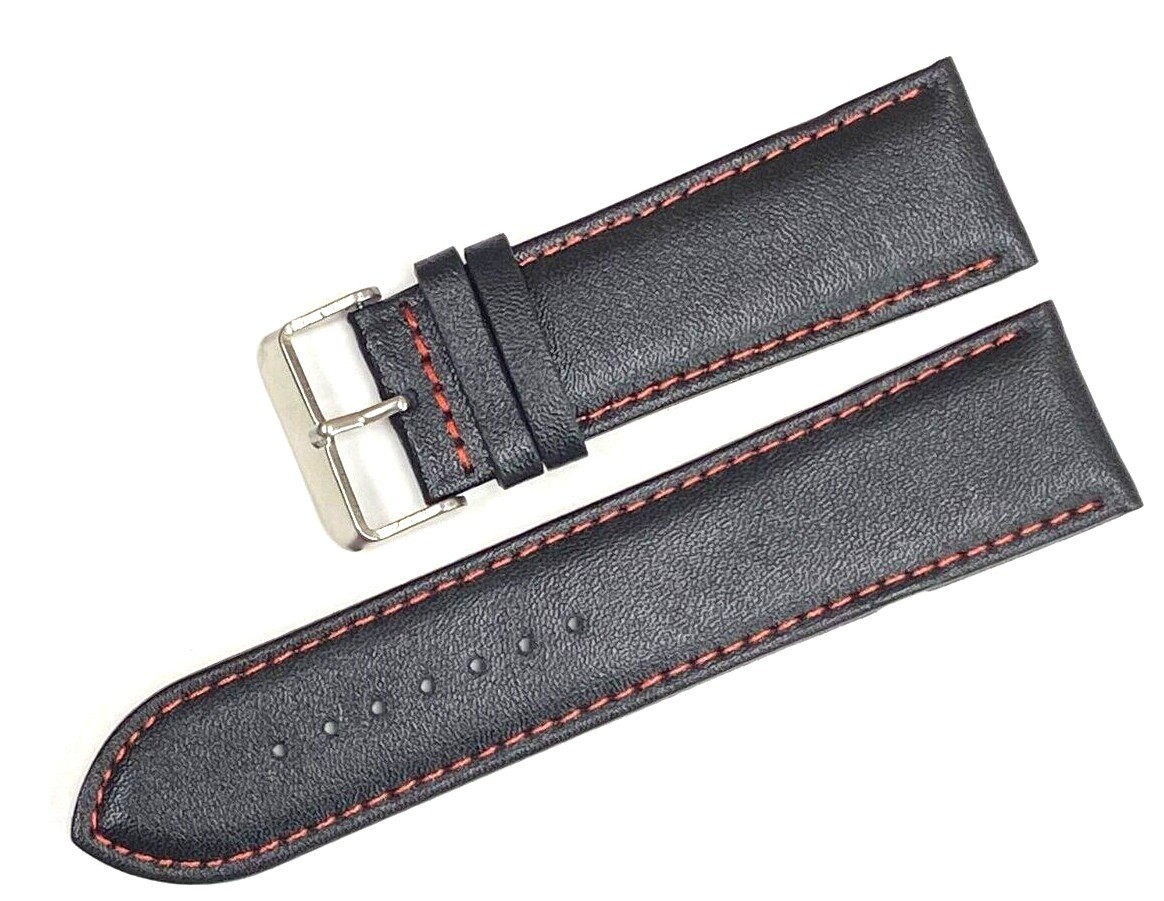 Watch Band Genuine Leather Plain PADDED With Stitches Black Color Of Size 26MM
