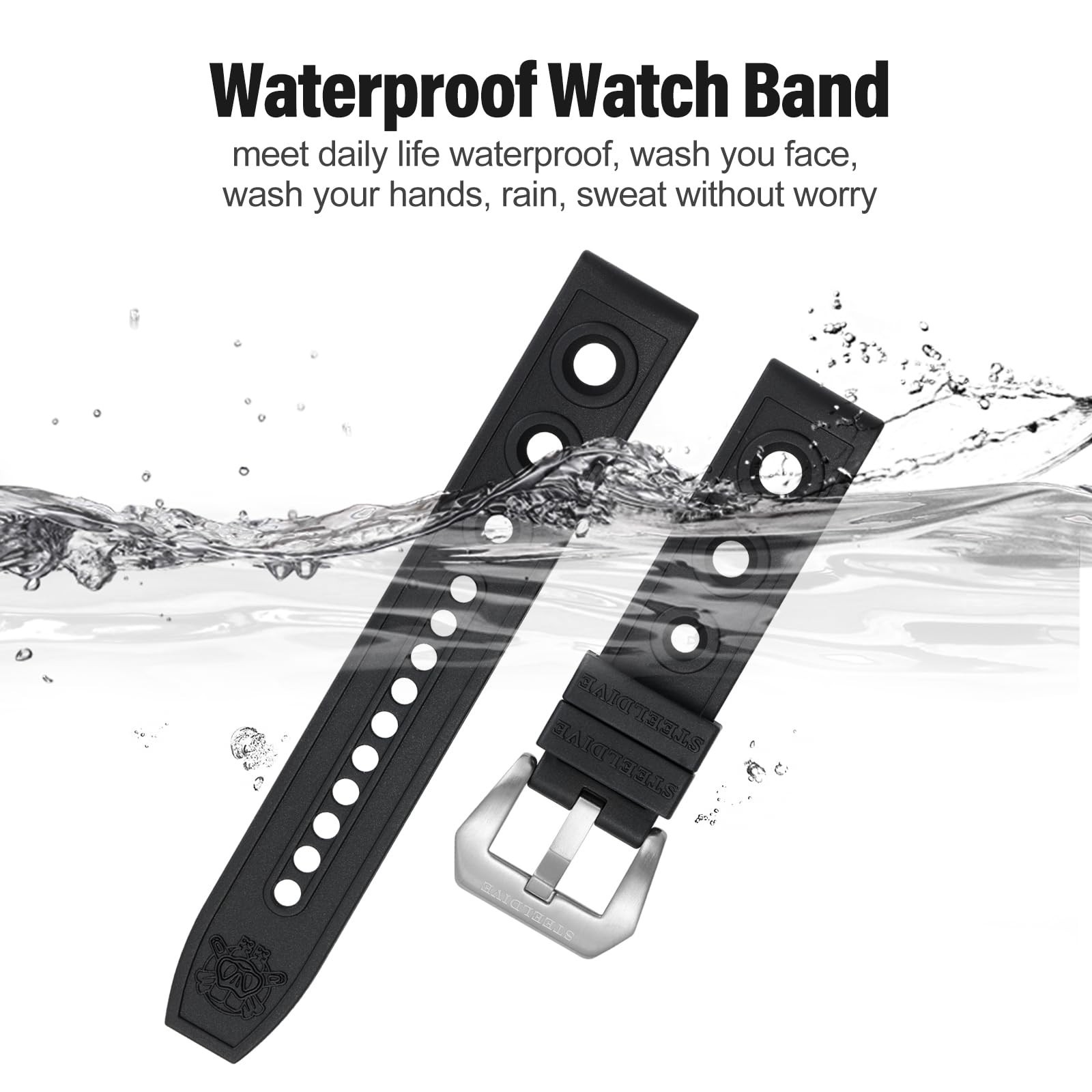 Steeldive Rubber Dive Watch Strap, 20mm Soft Replacement Watch Bands Black Wa…