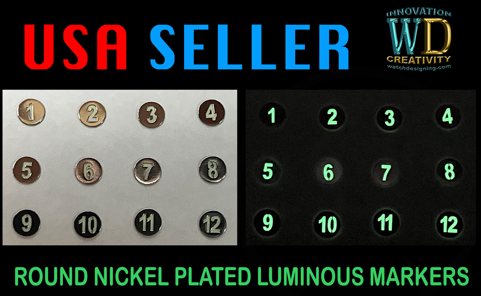 Watch Dial Hour round Markers 12 pcs Blue Green LUMINOUS Numerals dots indices