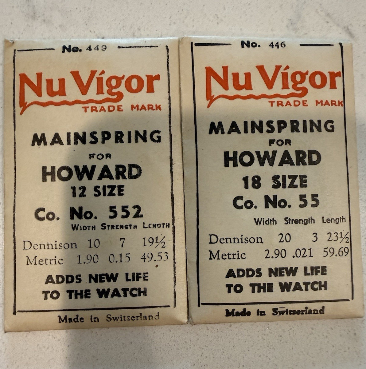 Howard mainspring 12 Size 552 & 18 Size 55 MPN 449 446 NOS