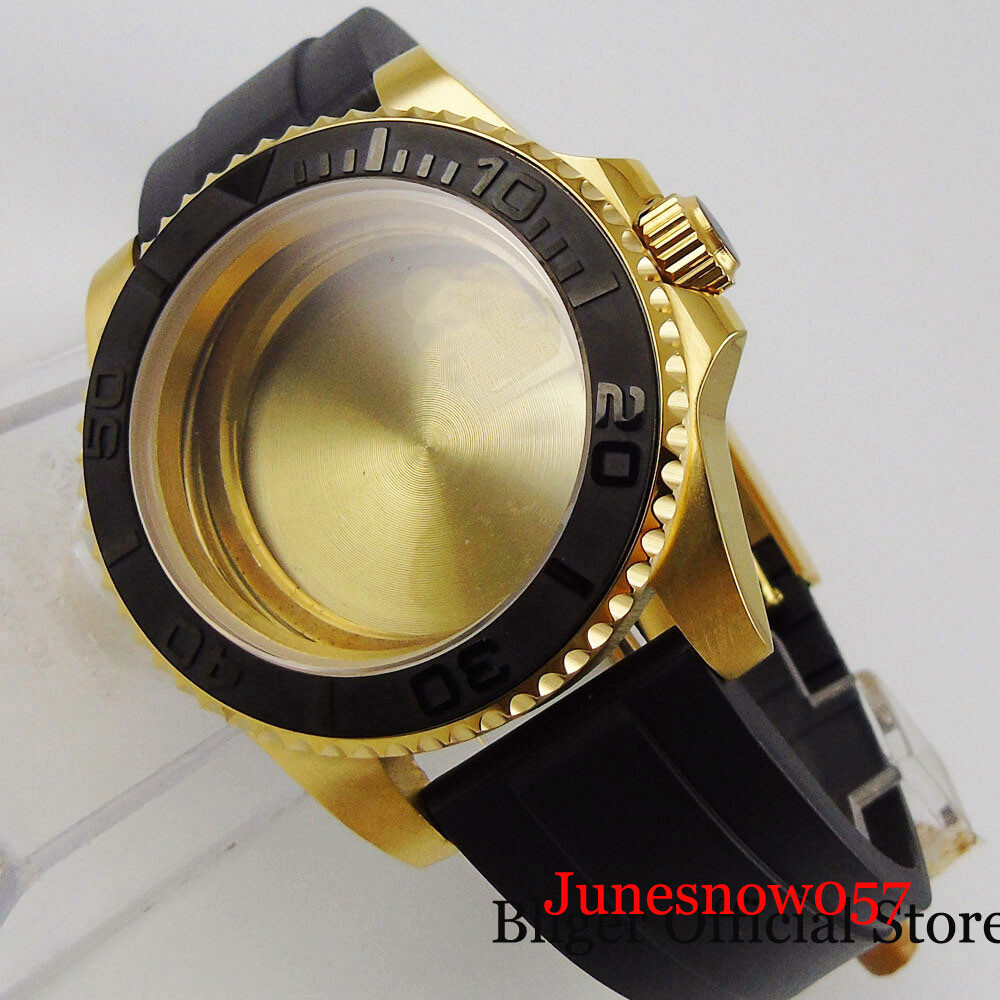 fit NH35A NH36A NH34A Yellow Gold Coated Watch Case Rubber Strap Brushed Insert