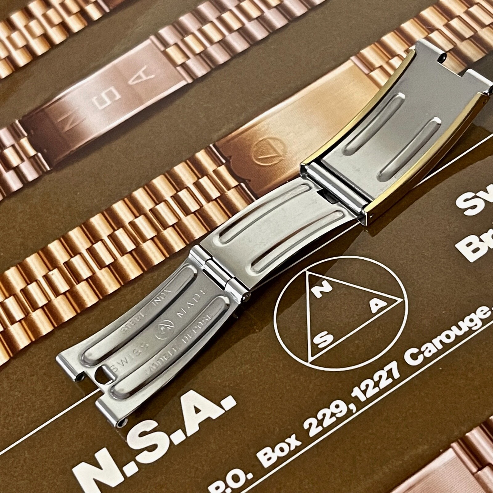 Vintage 3-row Rado NSA watch bracelet complete NOS clasp yellow gold plate Swiss