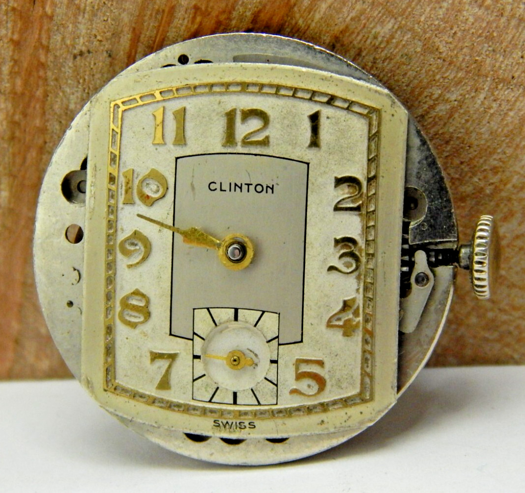 Vintage Clinton 17 jewel men’s wrist watch movement with dial hand and crown