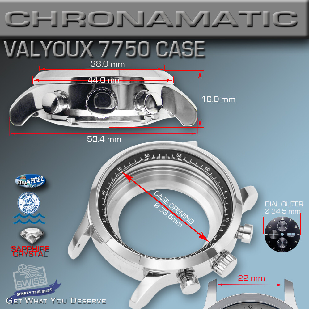 WATCH CASE CHRONOMATIC FOR MOVEMENT ETA VALJOUX 7750, STAINLESS STEEL, 44 MM