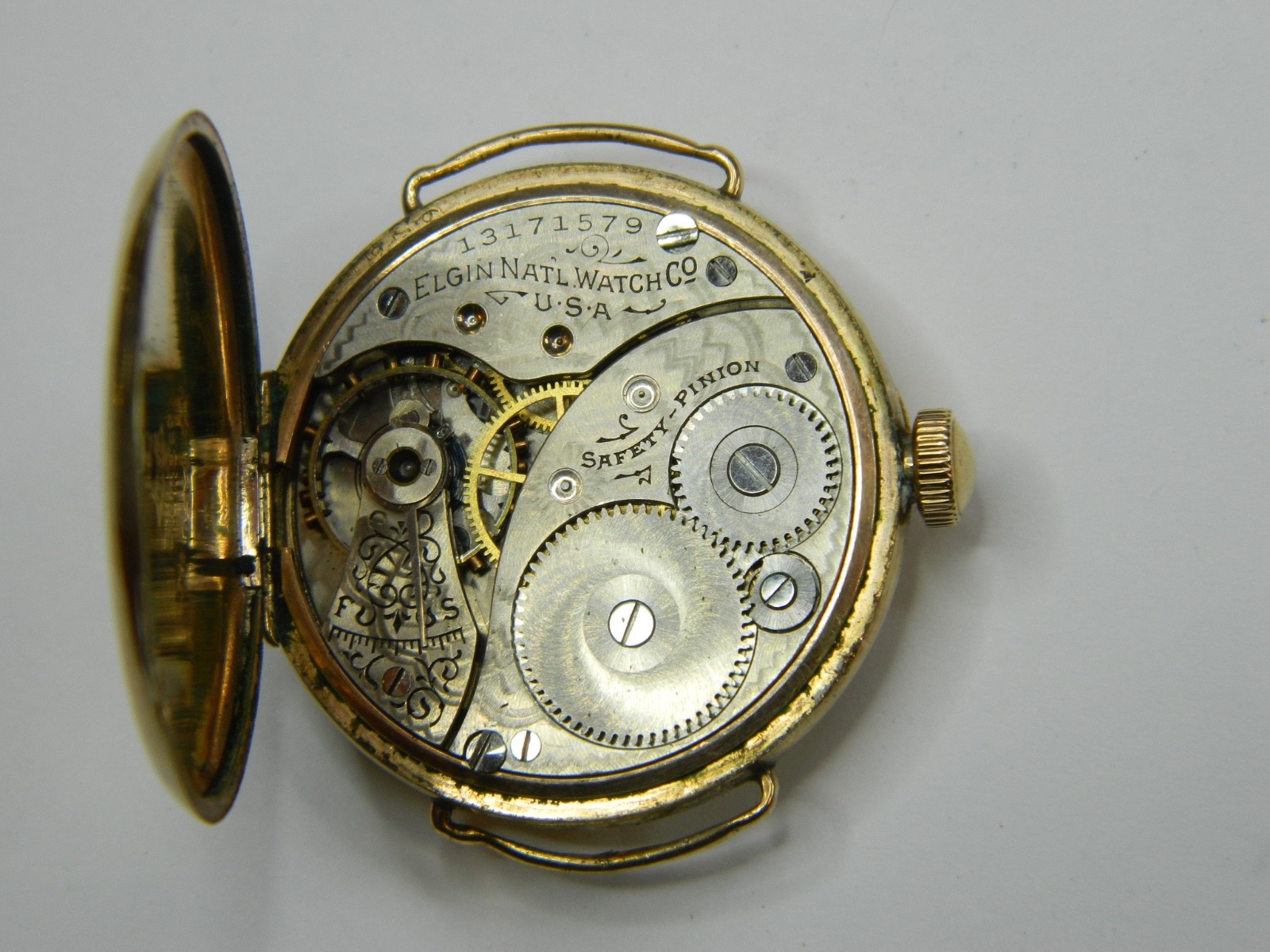 1908 PRE-WW1 ELGIN 0S 10K GOLD FILLED WIRE LUGS TRENCH WATCH – FINE CASE -REPAIR