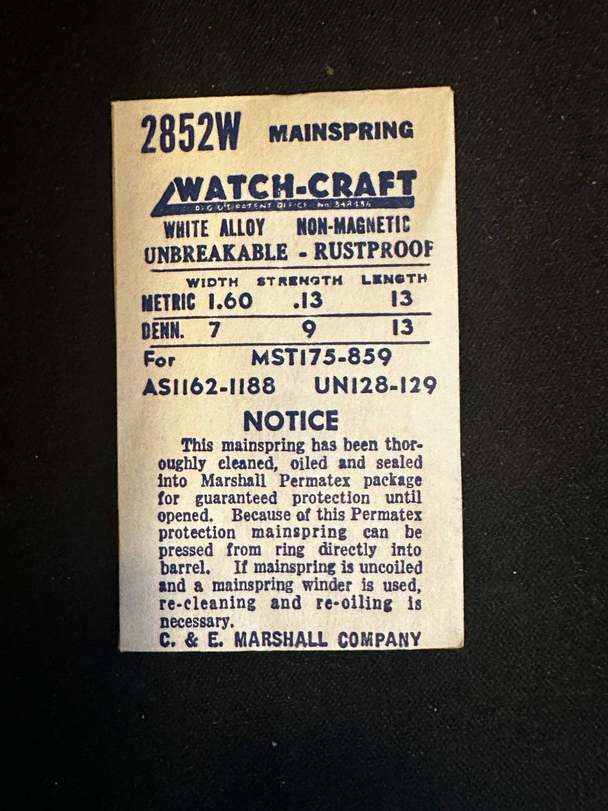 WATCH-CRAFT Mainspring 2852W for Universal 128, 129, MST 175, 859, AS 1162, 1188