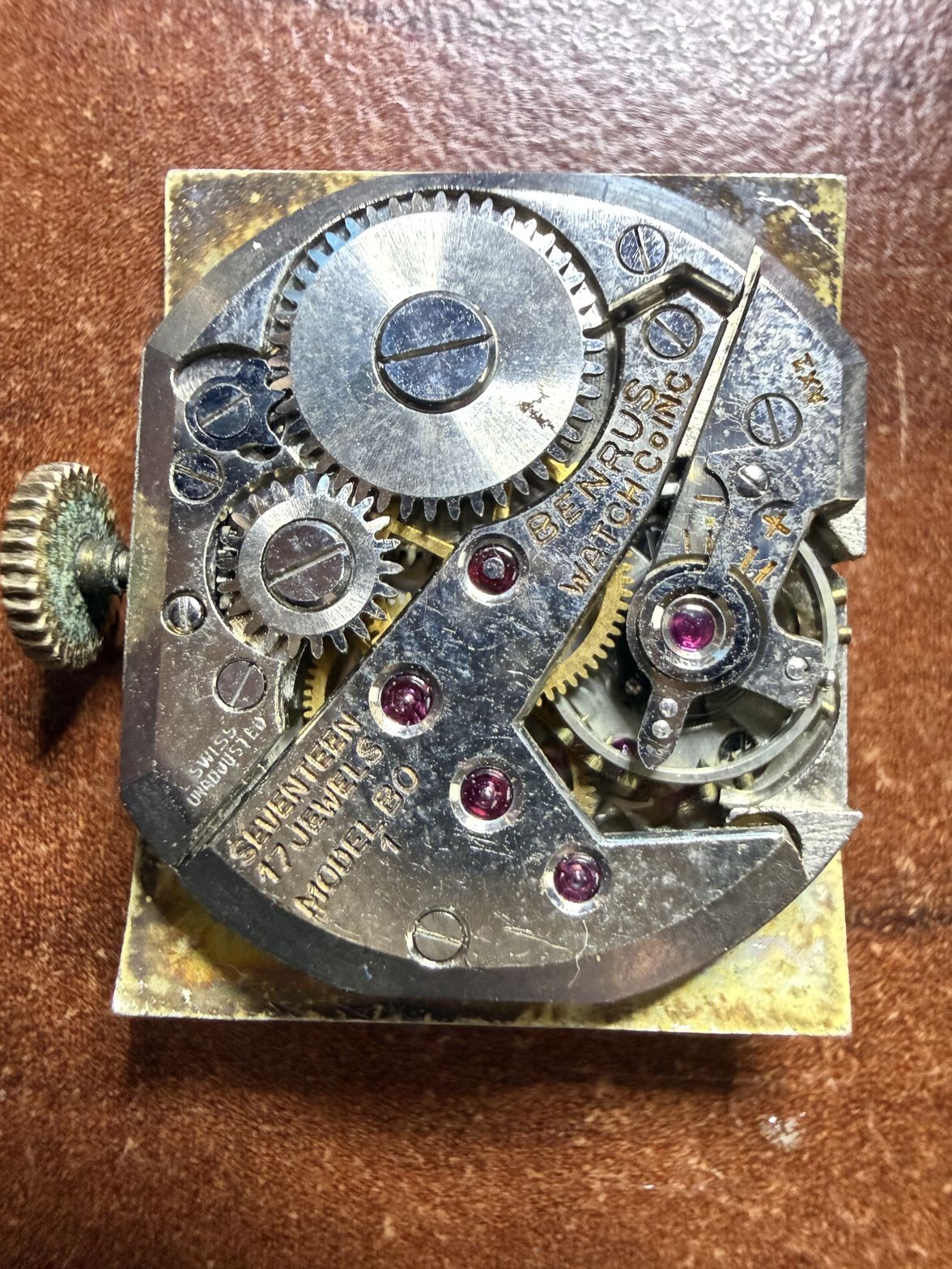 Benrus BO 1 17 Jewels Rectangular Movement Dot Marker Dial Parts Repair