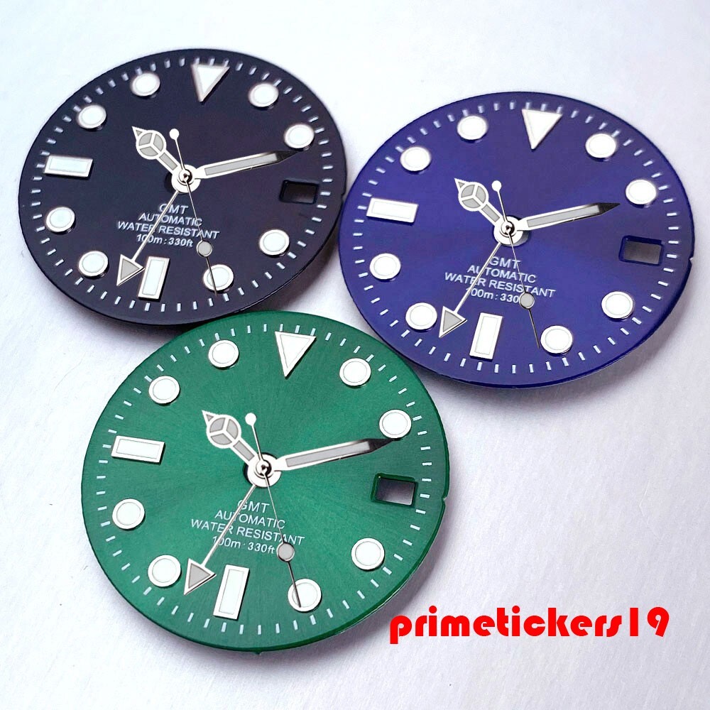 29mm NH34 GMT Watch Dial Black/Blue/Green Sterile Face Hands Set Date Luminous