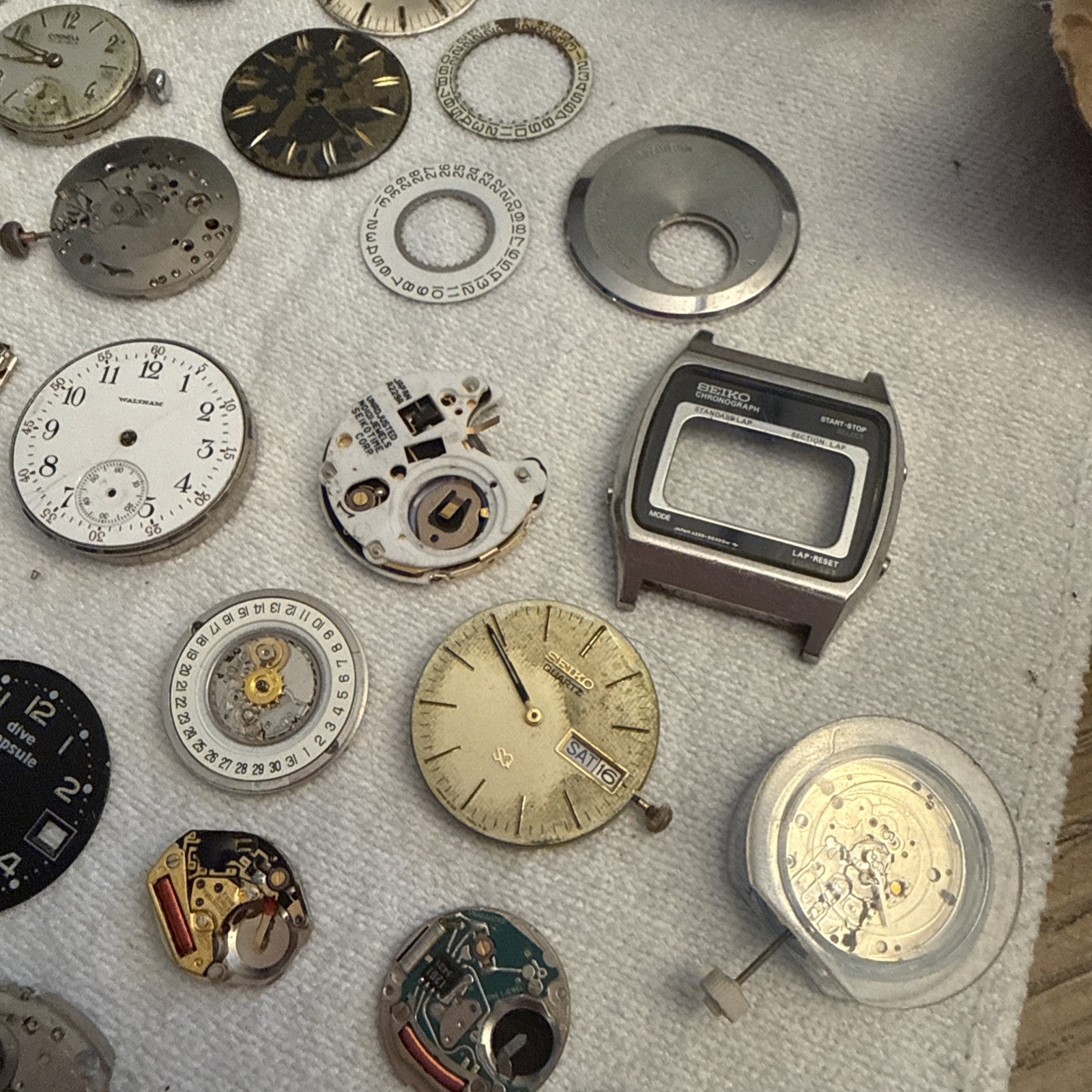 Vintage Watchmaker Repair Lot- Mixed Movements, Dials, Gears