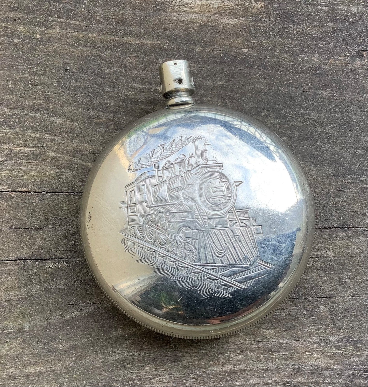 Silveroid Train Railroad Theme Engraved Pocket Watch Case Sz 18s Open Face