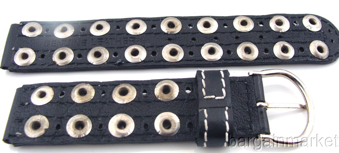 18mm Silver Stud Bike Biker Style Black Leather Watch Band