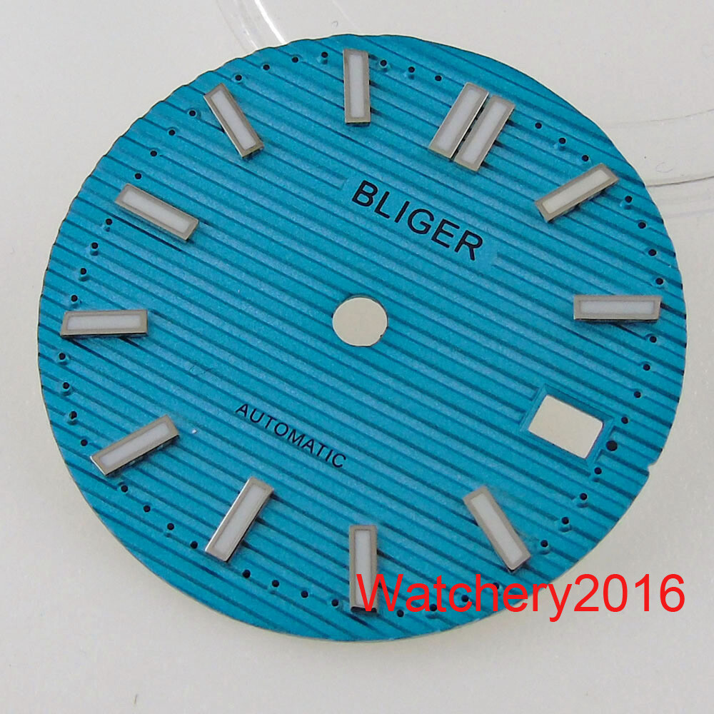 BLIGER Square Watch Case Sky Blue 29.8MM Dial Luminous Hand Fit NH35 movement
