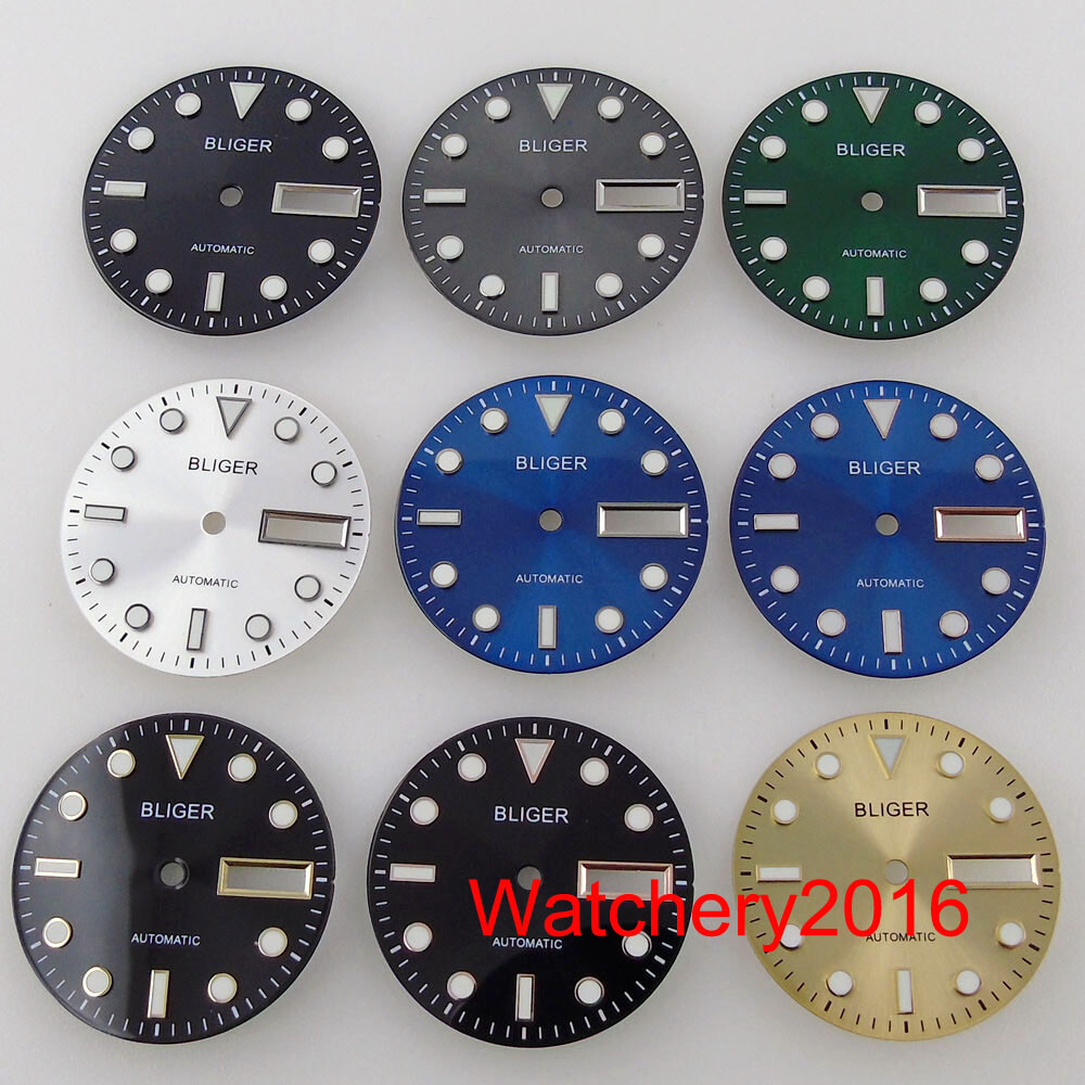BLIGER 29mm Sunburst Watch Dial Green Luminous Double Date Window fit NH36 NH36A