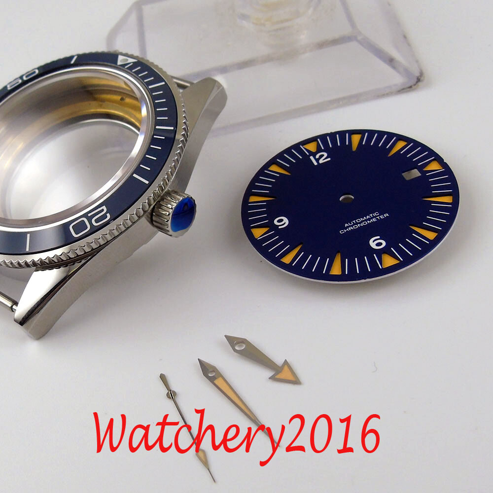 41MM Sapphire Glass Watch Case + Black Dial + hands Fit Miyota 8215 Movement