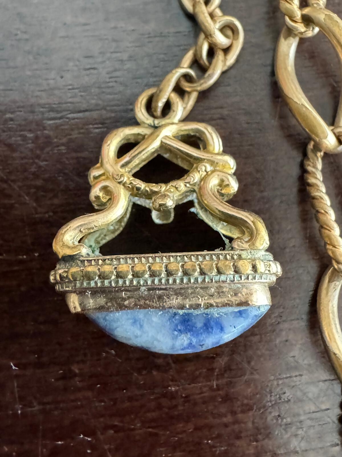 VINTAGE 14.25 INCH GOLD FILLED POCKET WATCH CHAIN WITH BLUE STONE FINIAL