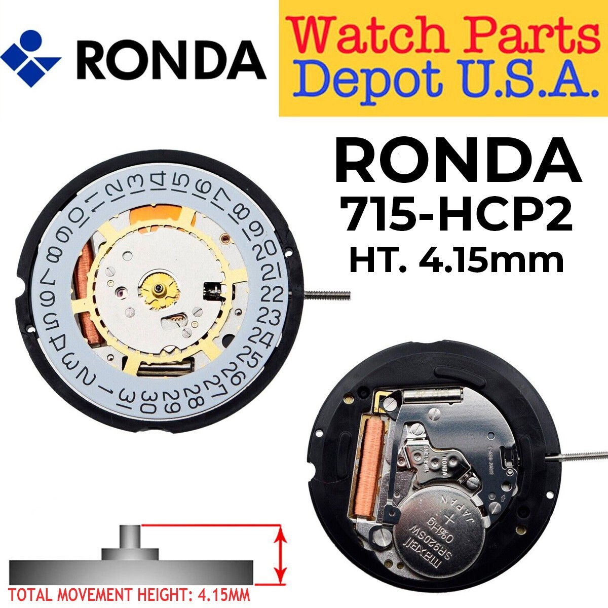 Harley Ronda 715-HCP2 Date at 3 Quartz Swiss Parts Watch Movement Ht. 4.15MM