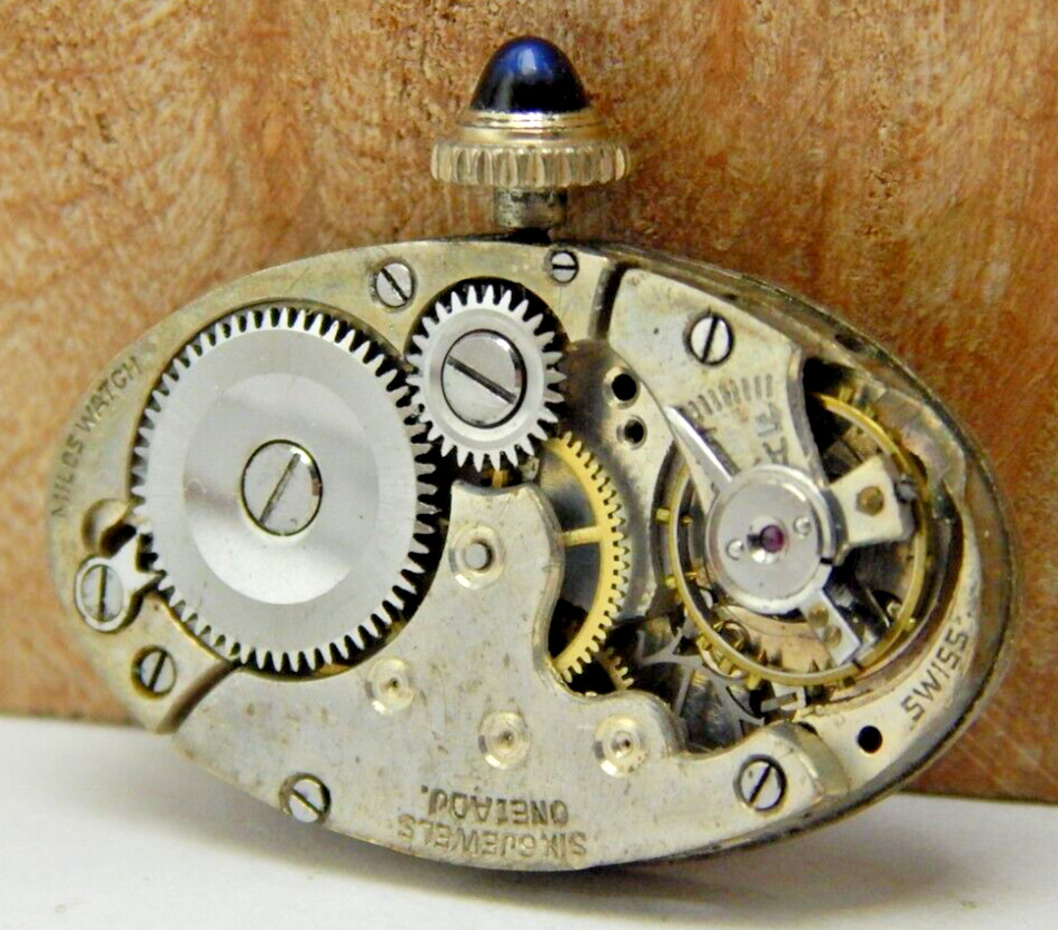 Vintage Milos 6 jewel 1 adjustment art deco wrist watch movement w/ dial & crown