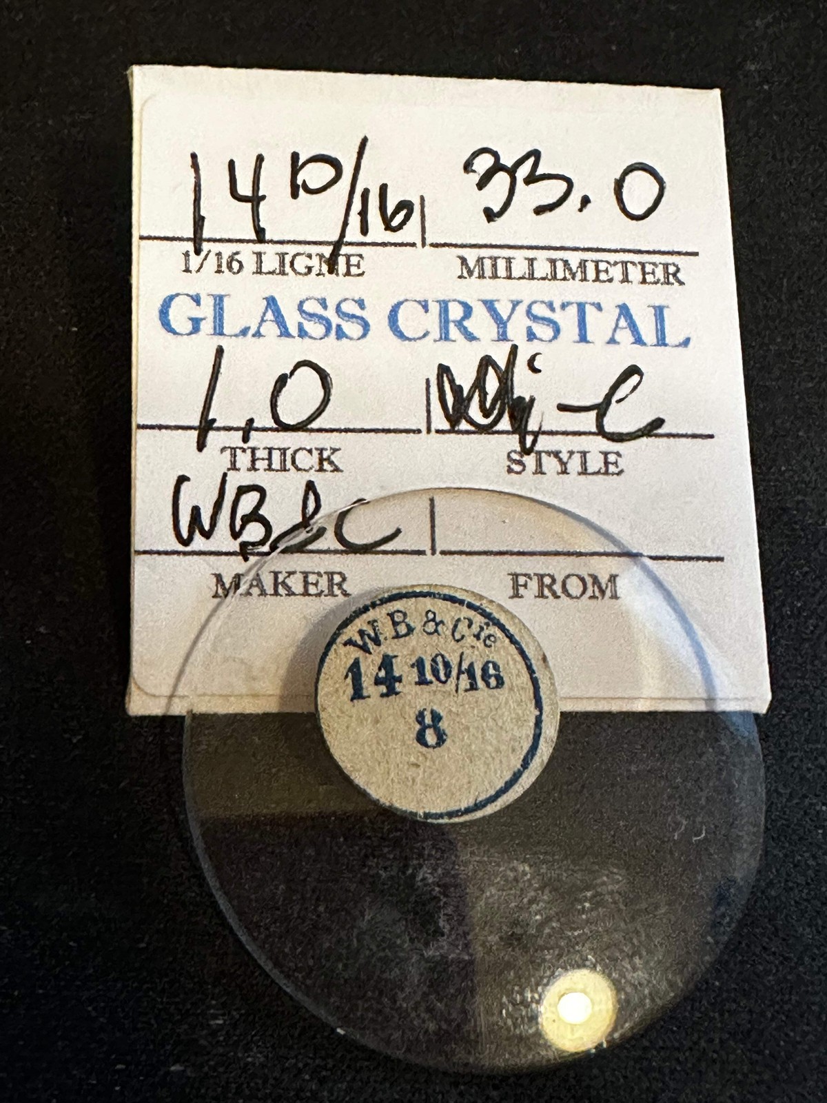 W. B. & C. Vintage Glass Watch Crystal 14-10/16 (~33.0mm) – NOS