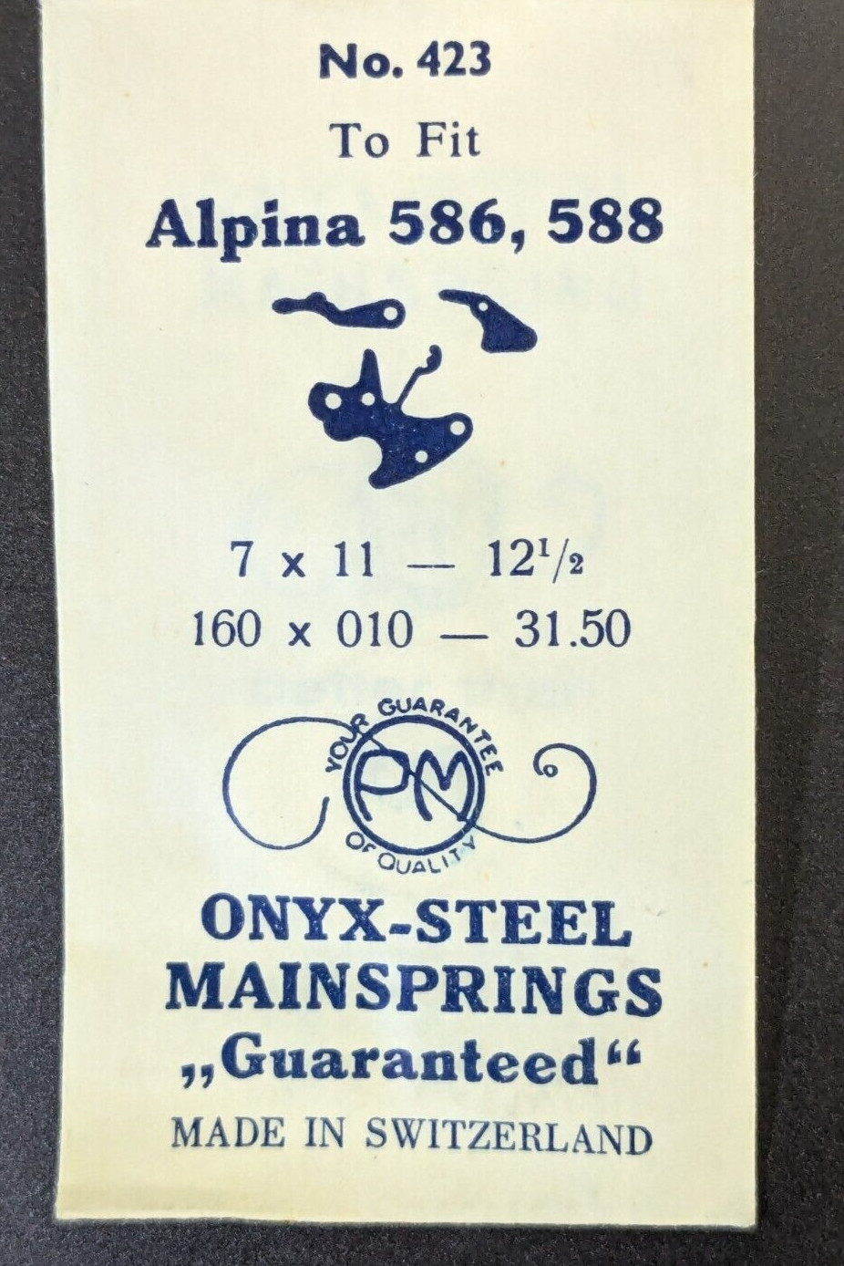 NOS PM Onyx Steel #423 Mainspring to fit ALPINA 585 586 – 7×11 12-1/2