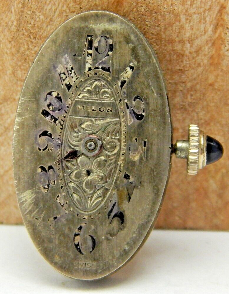 Vintage Milos 6 jewel 1 adjustment art deco wrist watch movement w/ dial & crown