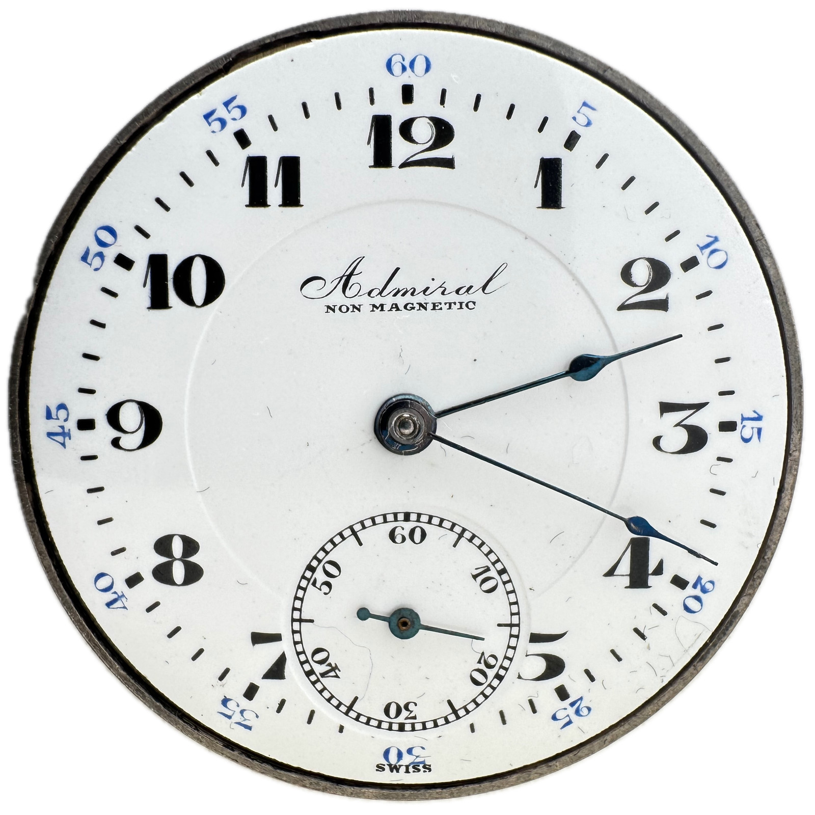 Antique 12s Admiral Non-Magnetic Double Sunk Dial Pocket Watch Movement Swiss 6J