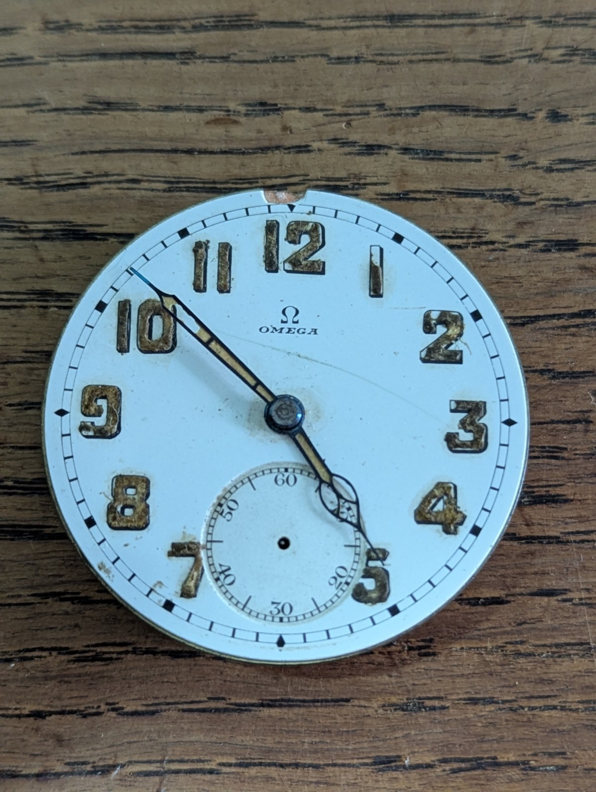 WWII Omega Military Pocket Watch Movement/Dial/Hands, Ticking to Restore #P678