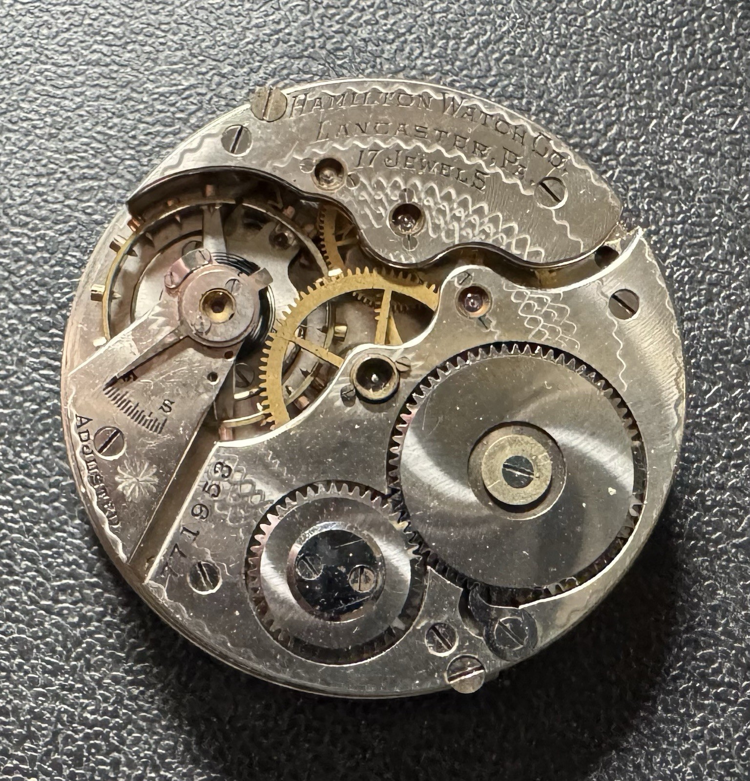 1910 HAMILTON 16S 17J PW LS ADJUSTED GRADE 974 POCKET WATCH MOVEMENT & DIAL