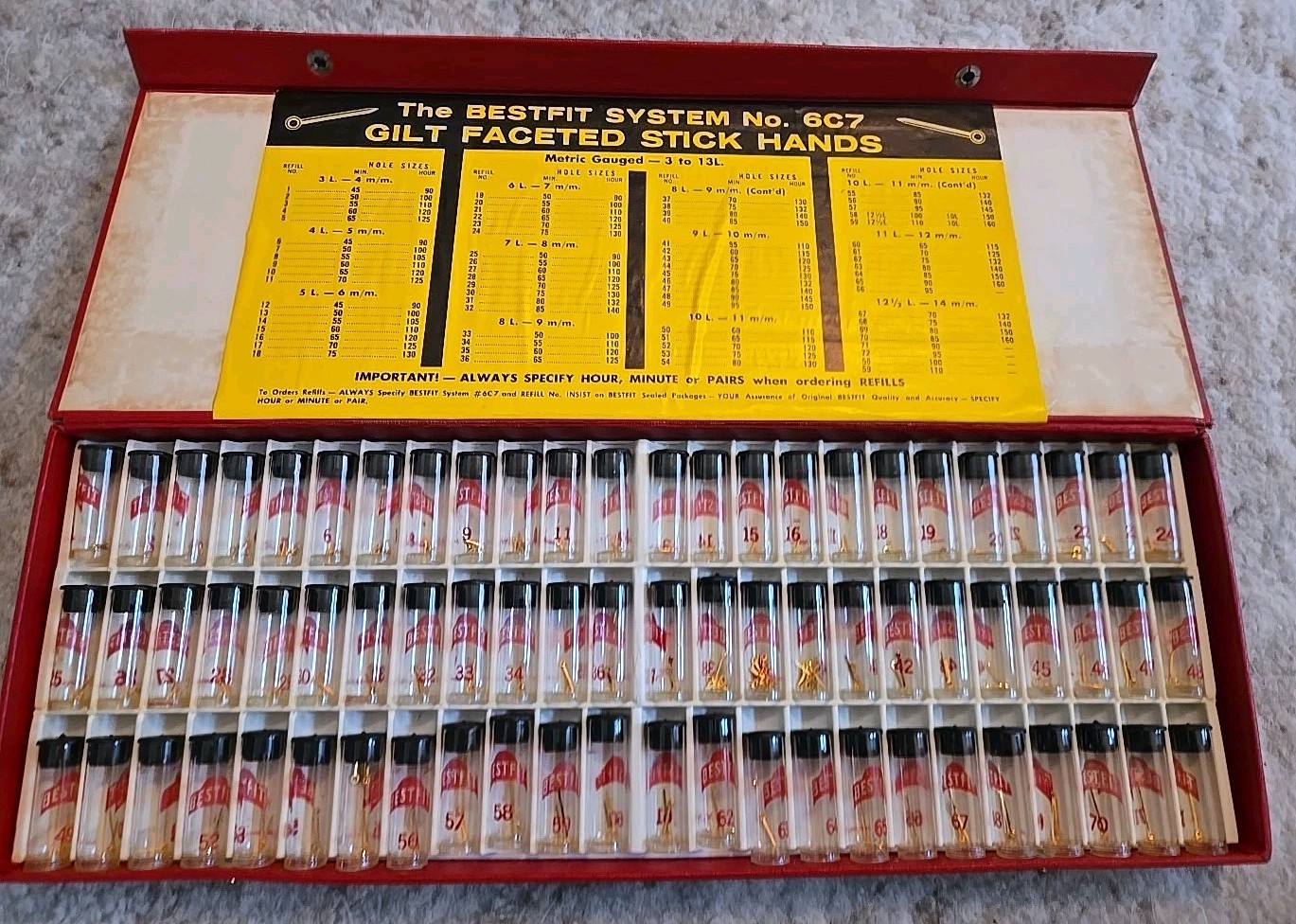 Vintage BESTFIT Assortment No. 6C7 Watch Parts Case Gilt Faceted Stick Hands