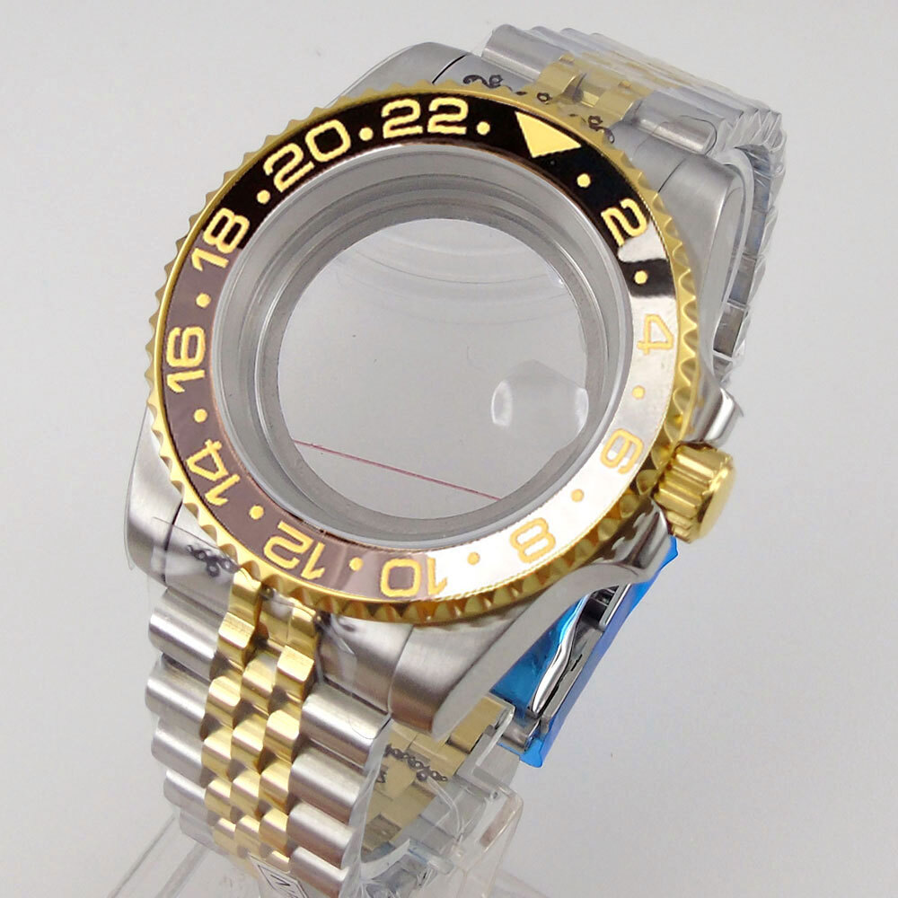 40MM GMT Golden Watch Case Ceramic Bezel Sapphire Glass Fit NH34A NH35 NH36 2824