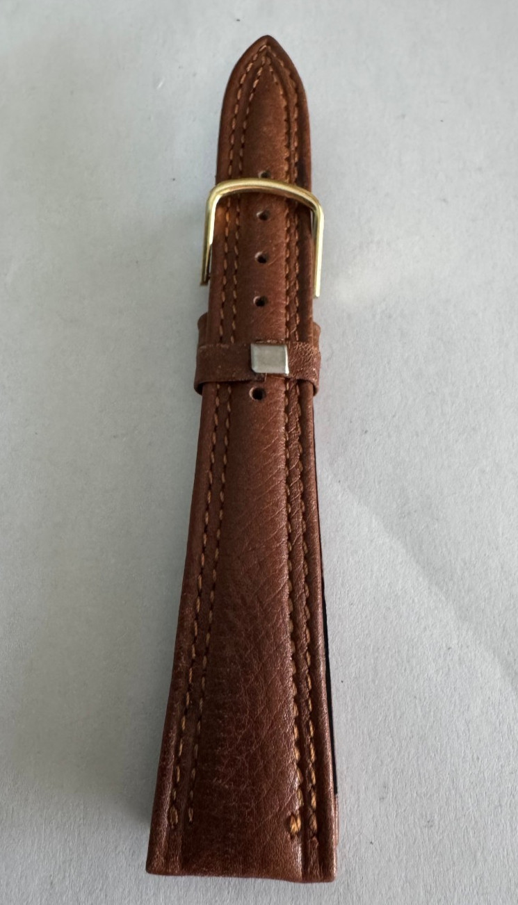 VINTAGE 20MM GENUINE BROWN STITCHED LEATHER WRISTWATCH BAND, YELLOW BUCKLE