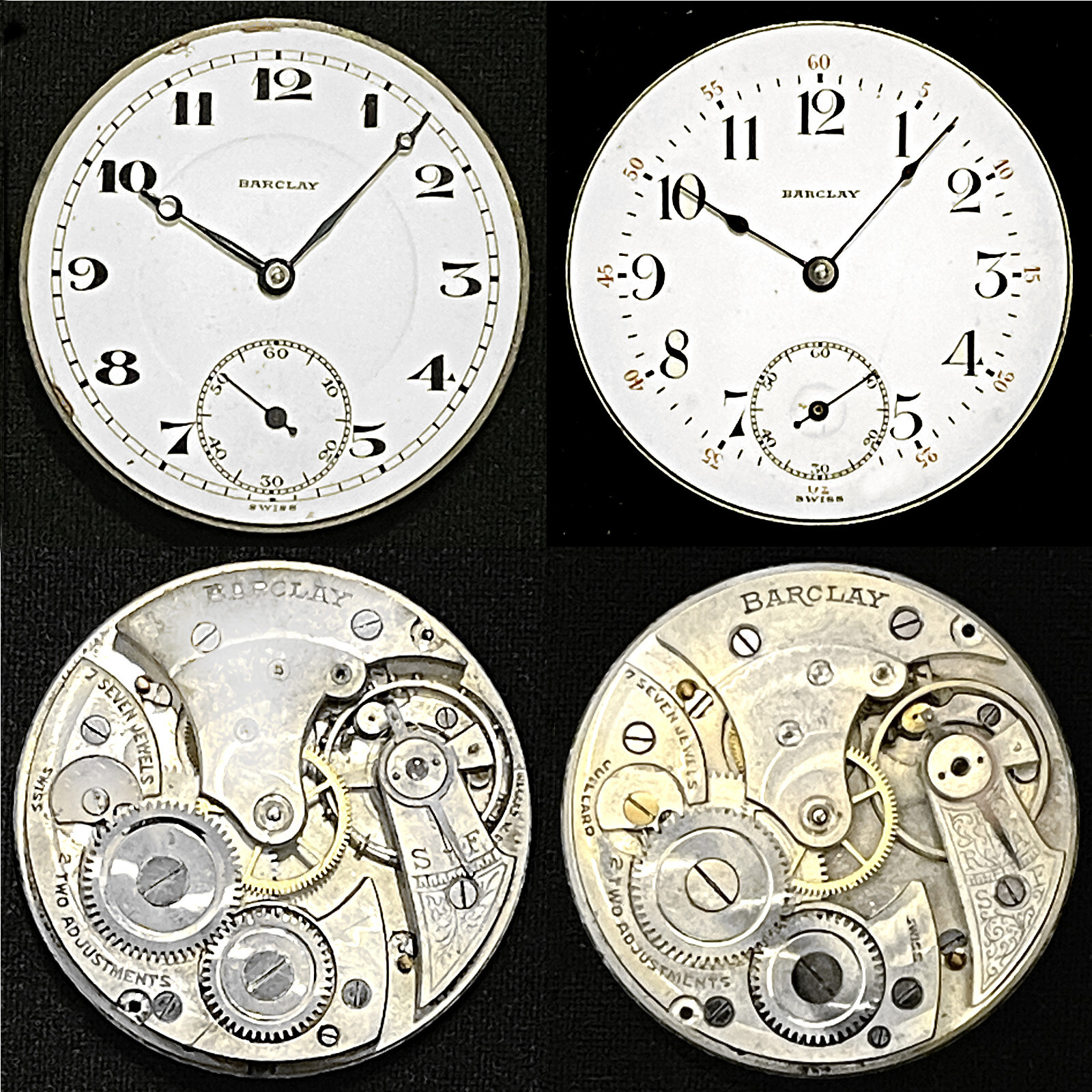 TWO JUILLARD/BARCLAY 7JEWEL ADJ’d. POCKET WATCH MOVEMENTS/DIALS/HANDS FOR PARTS