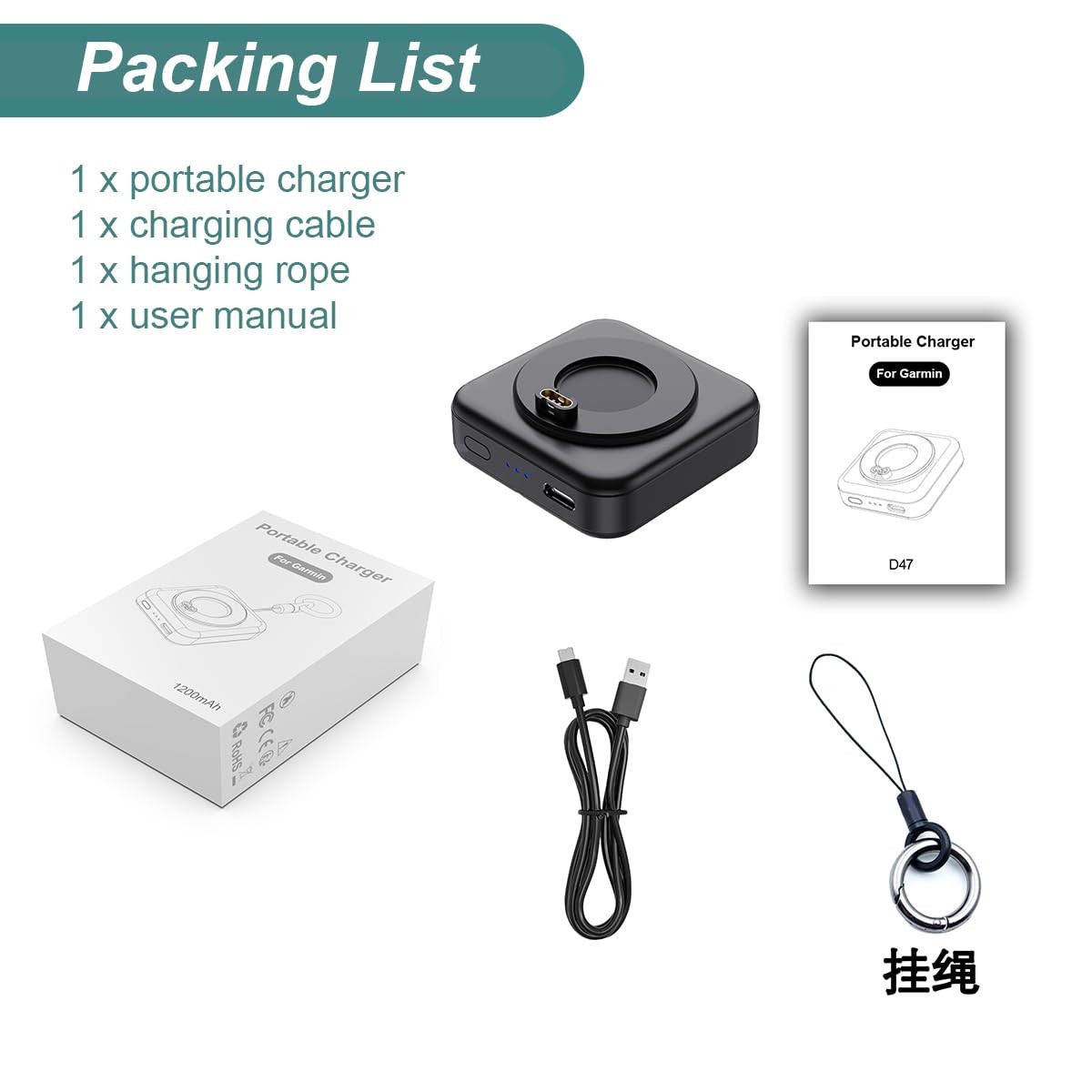 Charger for Garmin Watch 1200mAh Portable Charger for Garmin Vivoactive 6 5,…