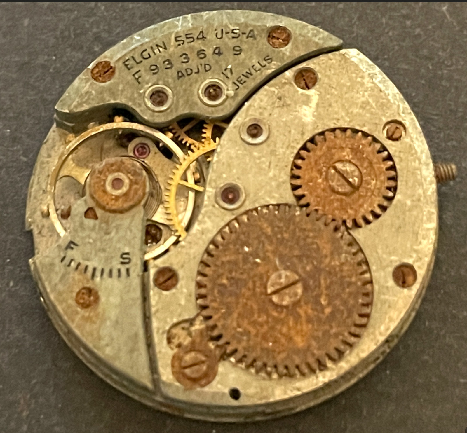 Vintage Elgin Cal 554 Men’s Watch Movement Parts/Repair 17j USA