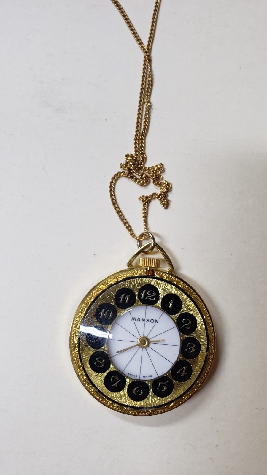 RARE Antique Ladies Mason Necklace Watch Black Gold Ornate swiss w/ chain 12k gp