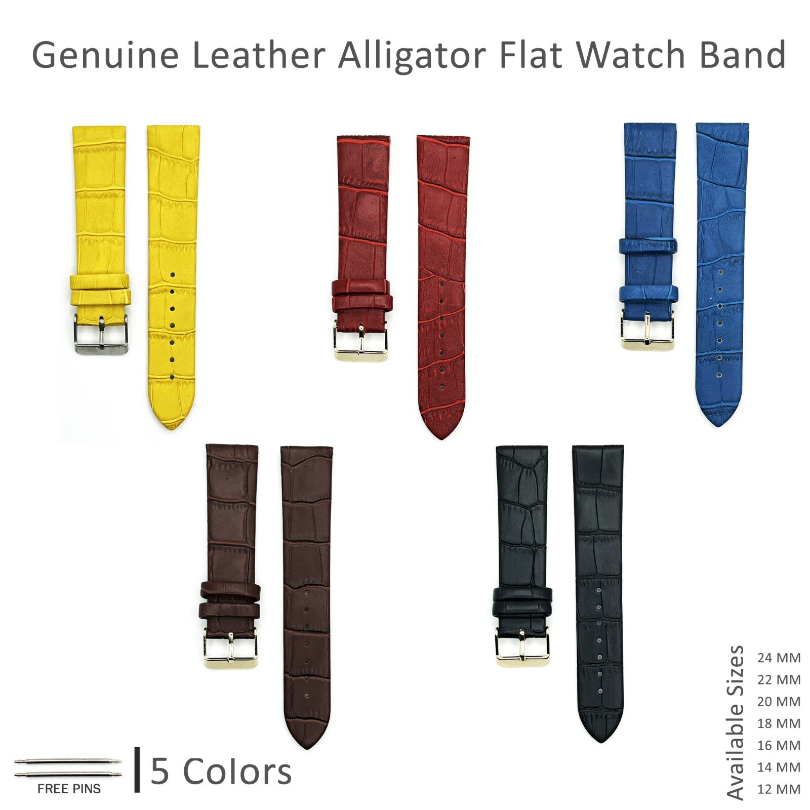 Watch Band Genuine Leather Flat Alligator Grain 5 Colors 12mm to 24mm