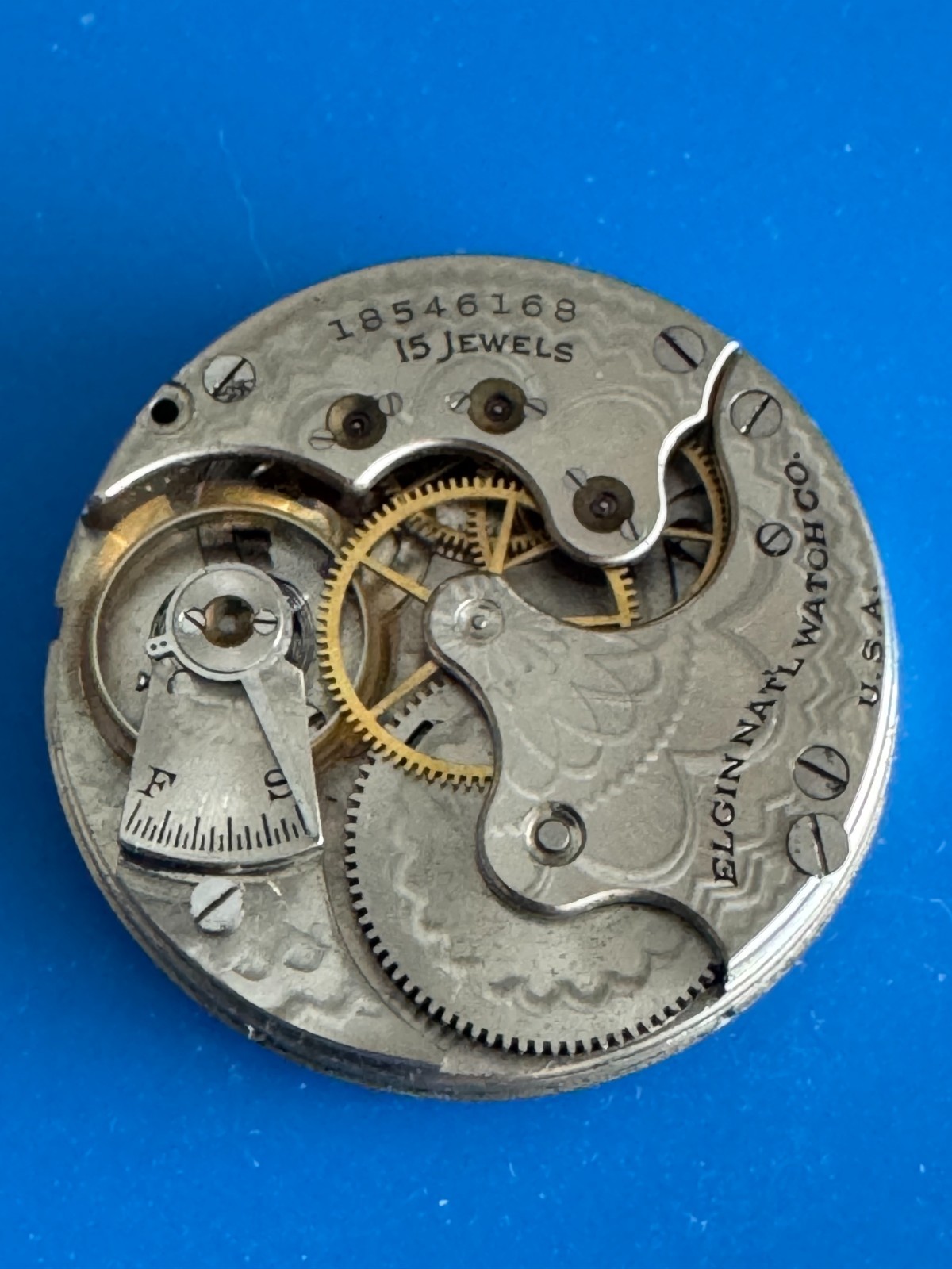 6 SIZE ELGIN GRADE 295 HUNTING POCKET WATCH MOVEMENT KEEPING TIME FANCY DIAL