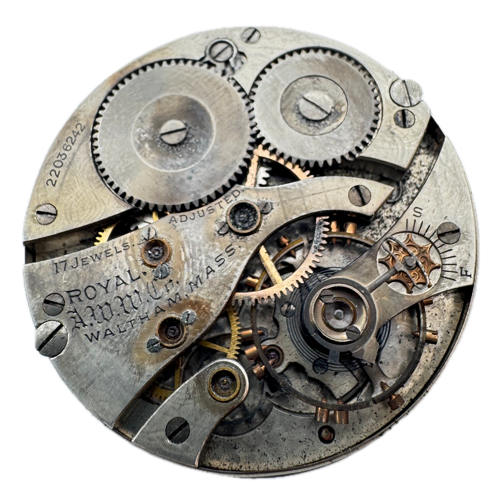 Antique 16s 1918 Waltham Double Sunk Bridge Plate Pocket Watch Movement Royal