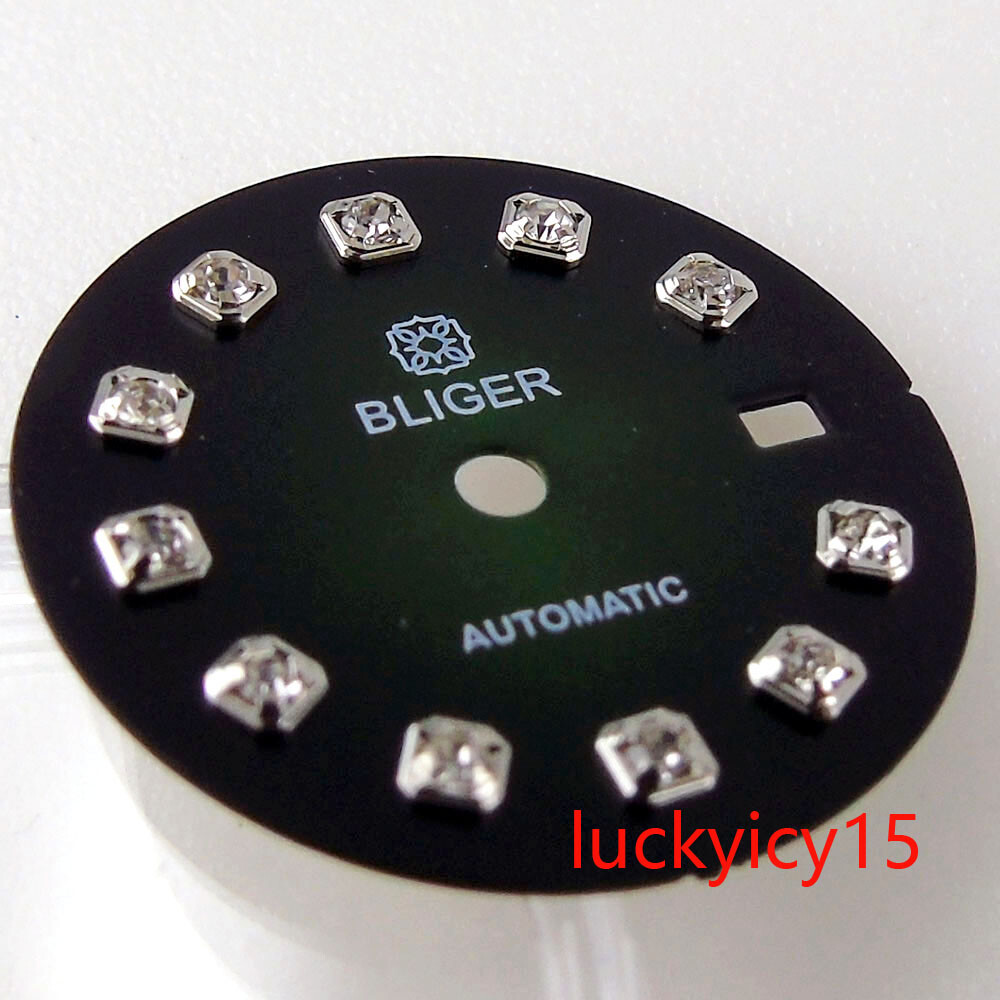 Bliger 20.5MM Blue Green Black Watch Dial Luminous Silver Diamond Index Fit NH05