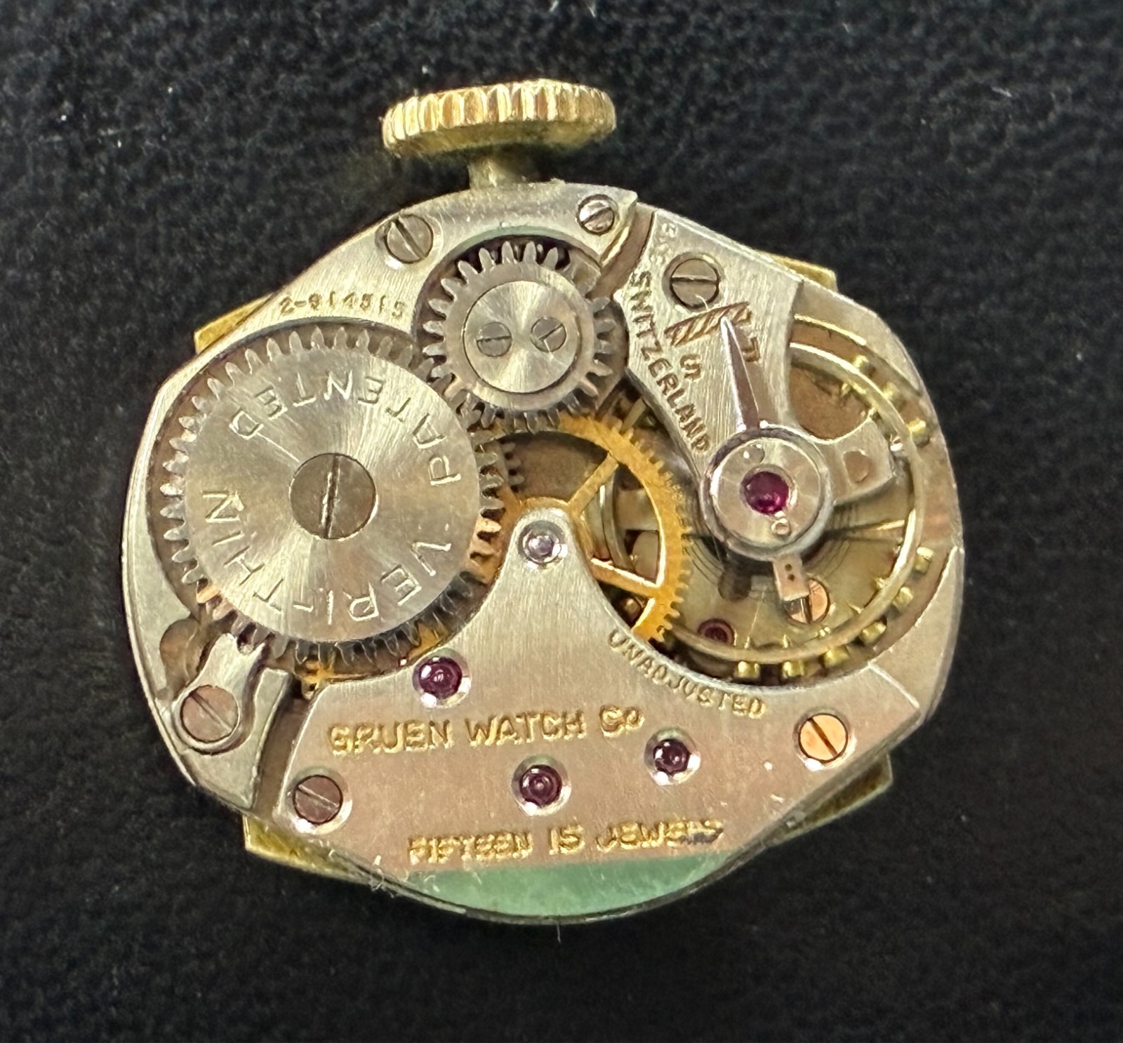Gruen Veri‑Thin 15 Jewel Swiss Movement Dial Hands Crown Non‑Working Parts