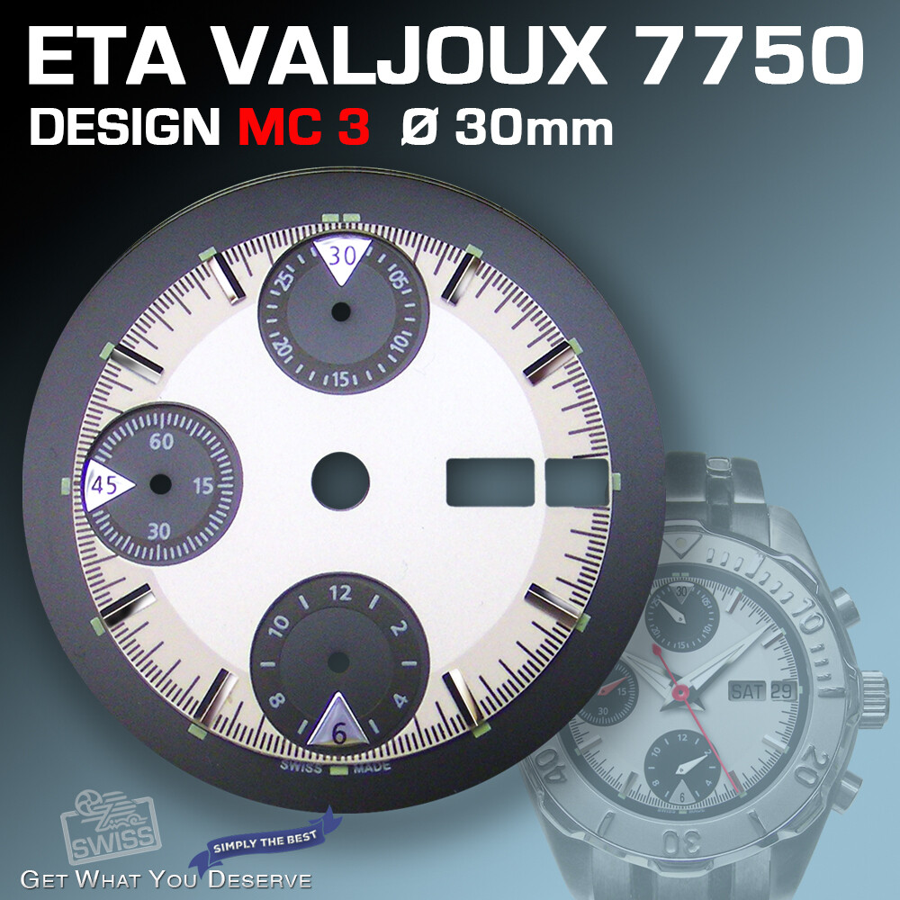 DIAL FOR MOVEMENT ETA VALJOUX 7750, MC 3, 3-D, SILVER-BLACK, SUPER LUM. Ø 30 mm