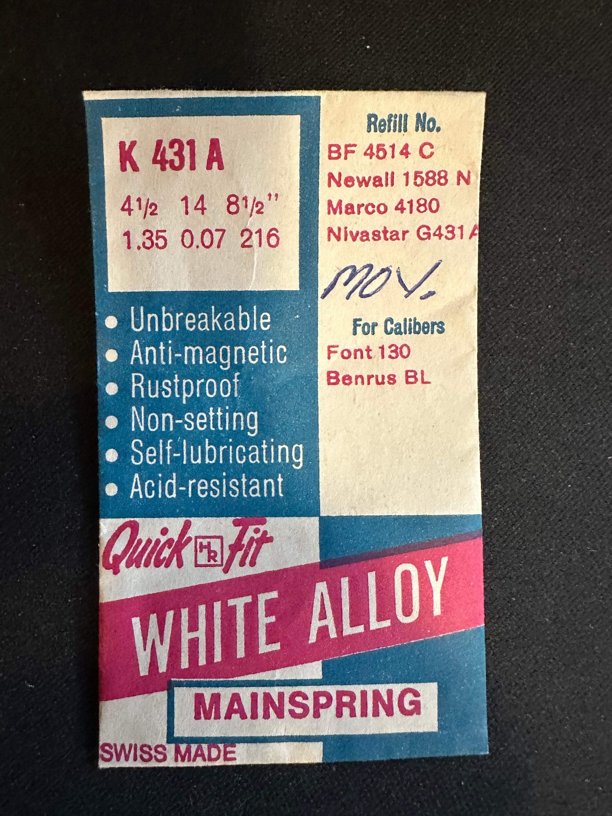 HR Quick Fit Mainspring K431A for Font 130, Benrus BL – Alloy