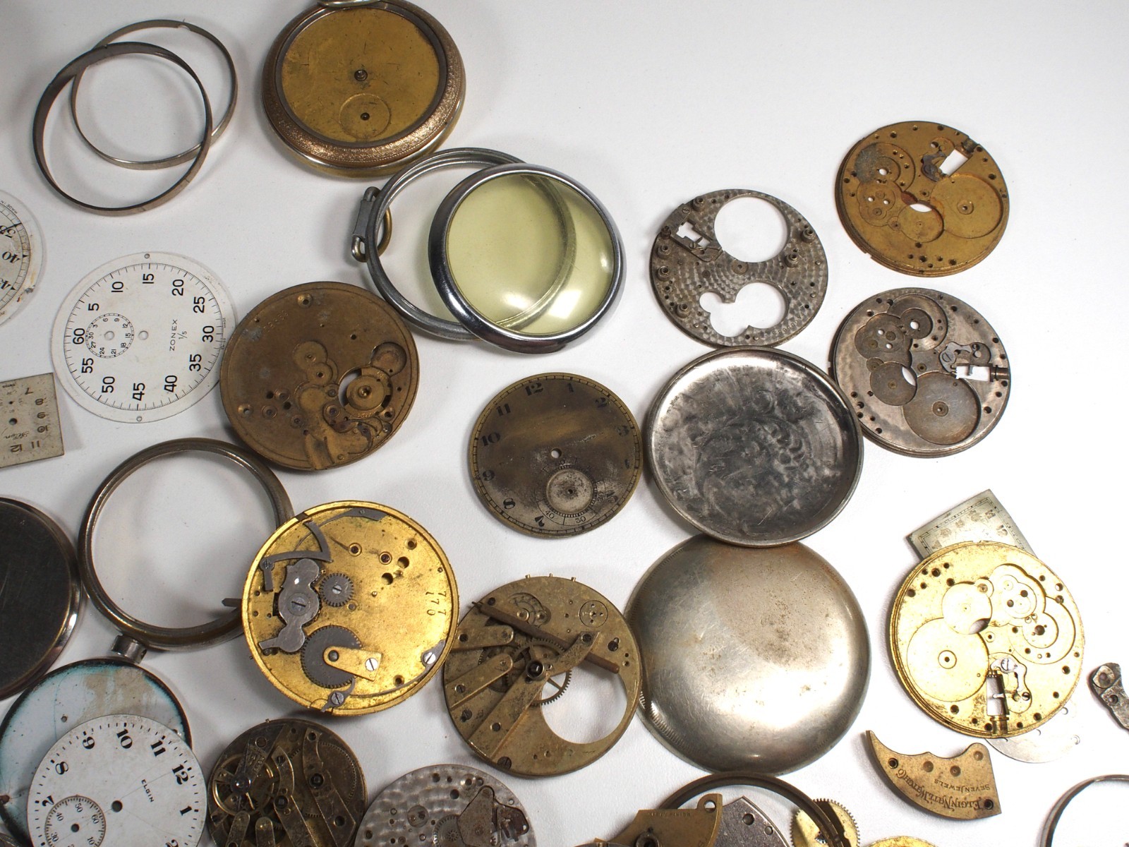 Large Lot of Old Pocket Watch Parts & Pieces Elgin Zonex Westclox Cortland Swiss