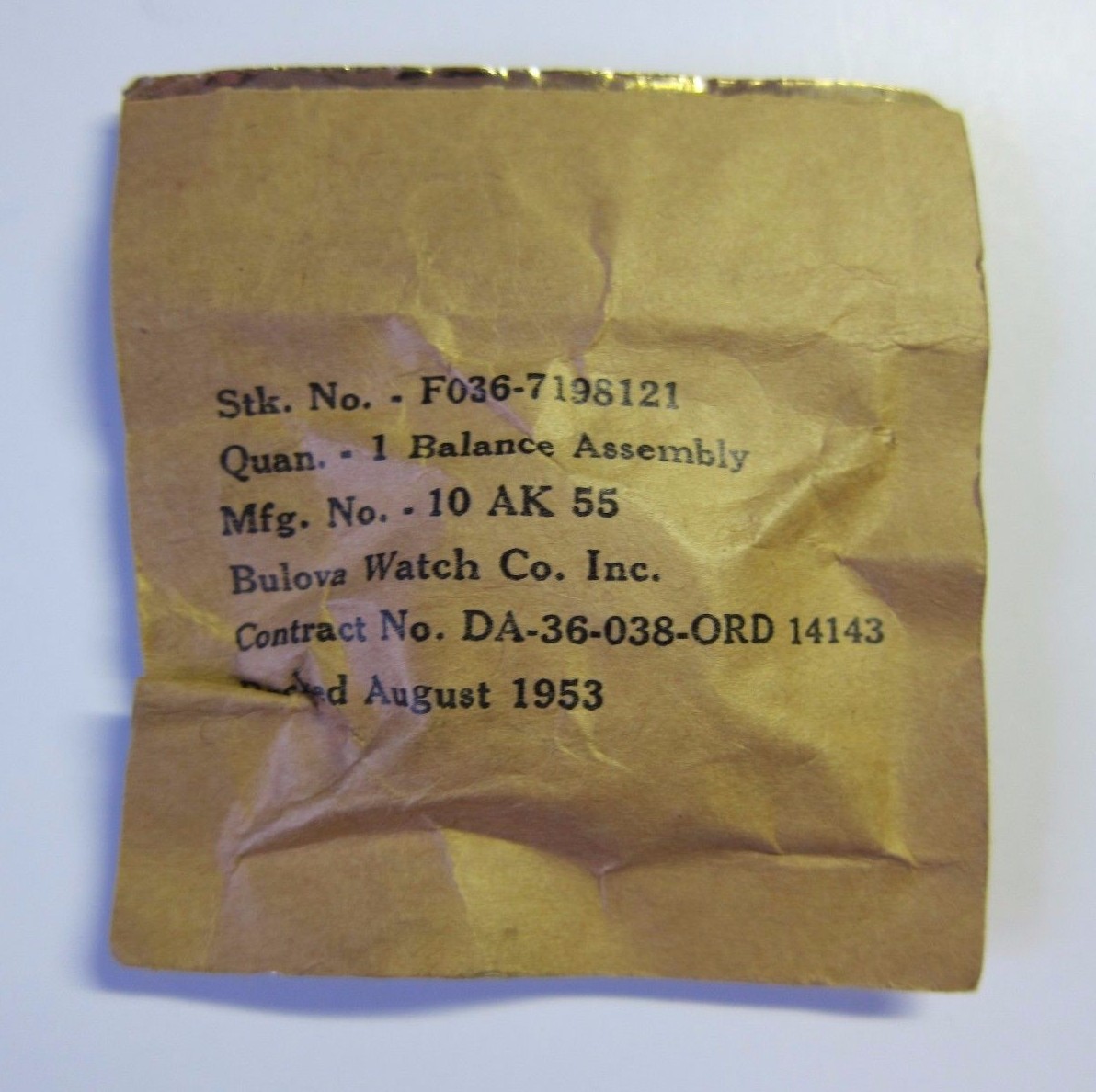 New Old Stock Military Bulova Balance complete for 10AK, New from 1953