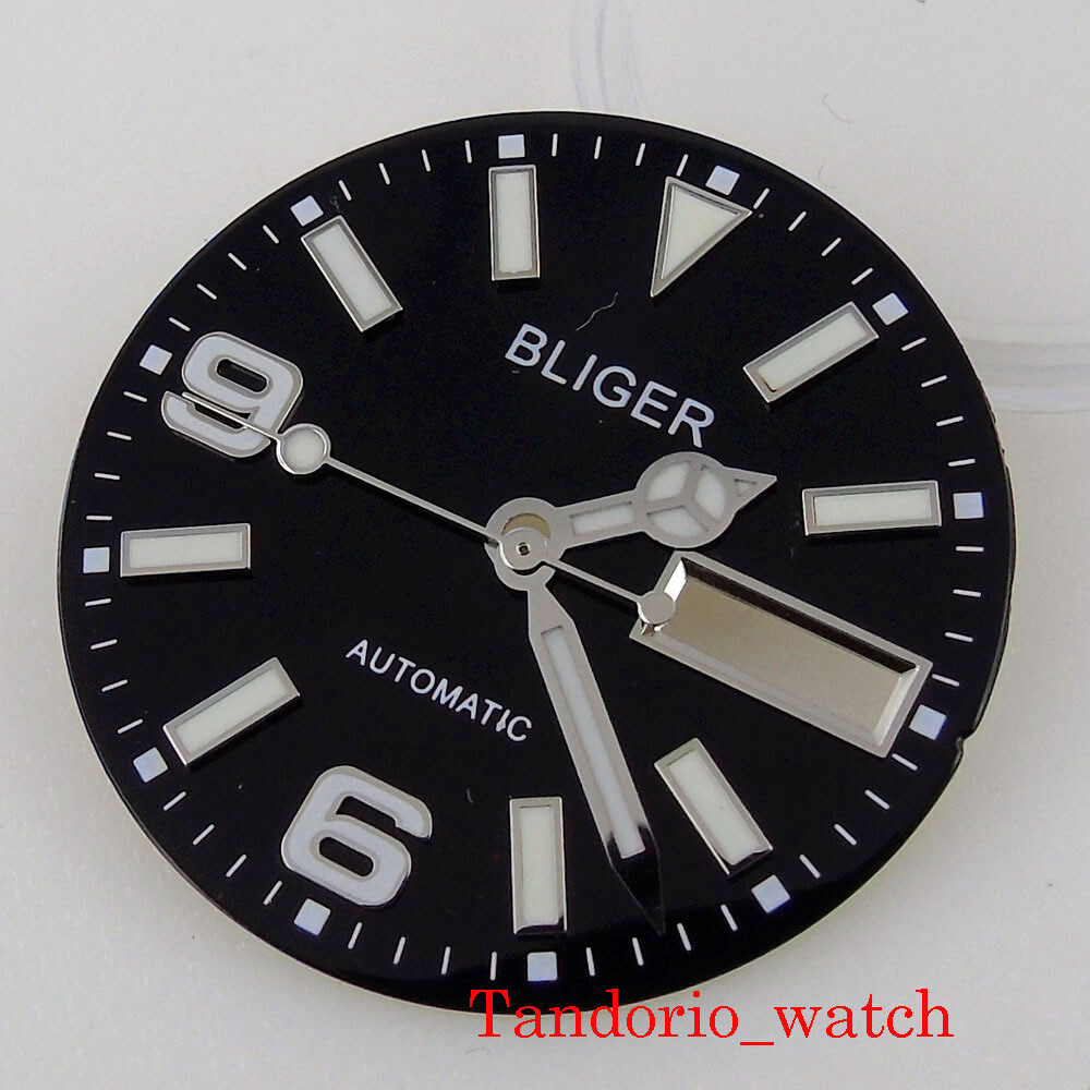 BLIGER 29mm Black Sterile NH36 Luminous Watch Dial Face With Date Week Window