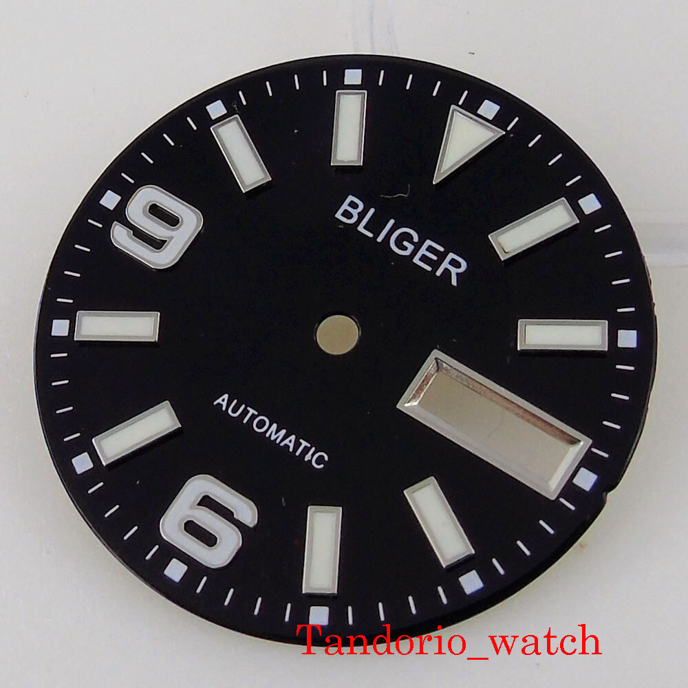 BLIGER 29mm Black Sterile NH36 Luminous Watch Dial Face With Date Week Window
