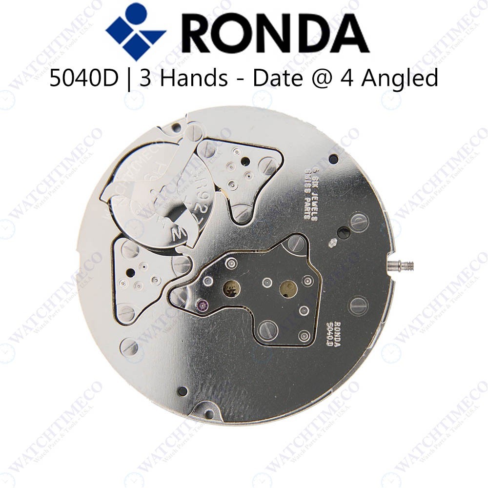 Genuine Ronda 5040D Watch Movement Swiss Parts 3 Hands, Date at 4 Angled