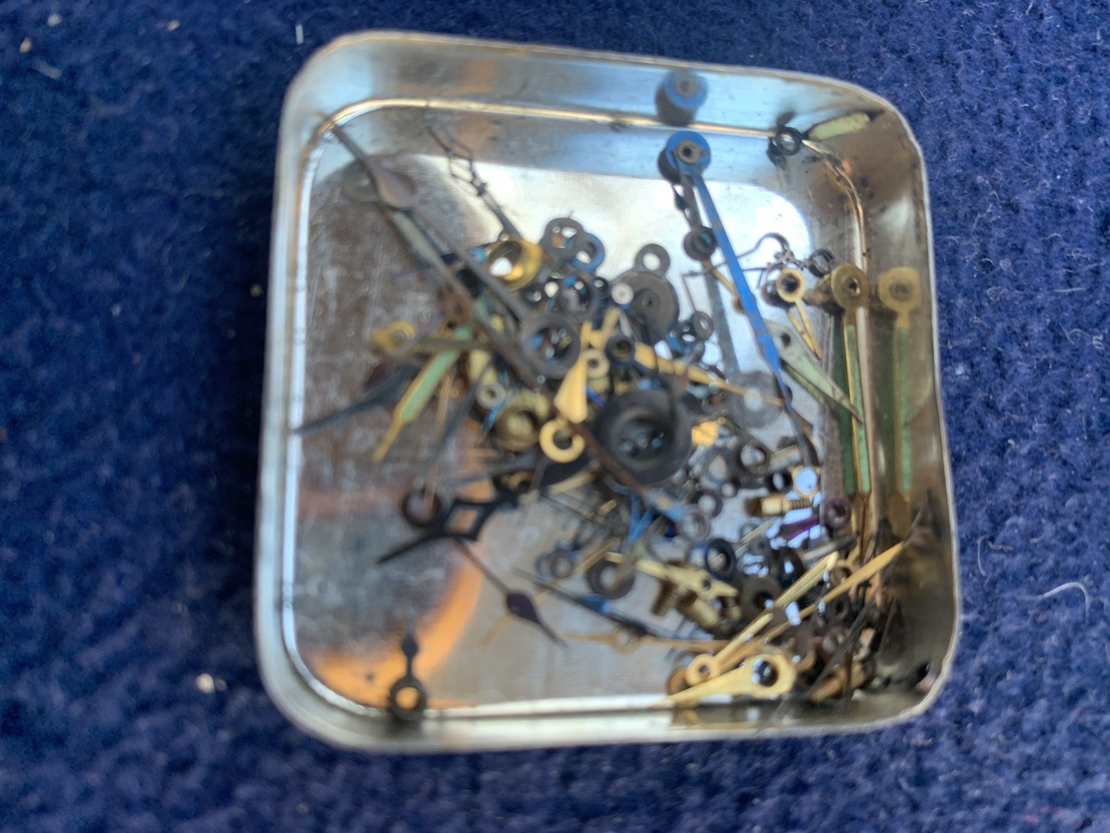 Vintage 1950s Kirk Dials watch tin with tiny watch parts (1.5 inch Tin)